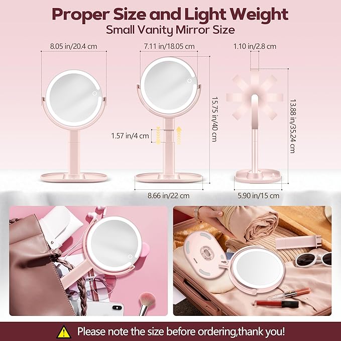 Makeup Mirror with Lights, 30X Magnifying & Height Adjustable, Lighted Magnifying Mirror with 3 Light Modes and Stepless Dimming, Vanity Mirrors for Bathroom, Birthday Gift for Women, Pink
