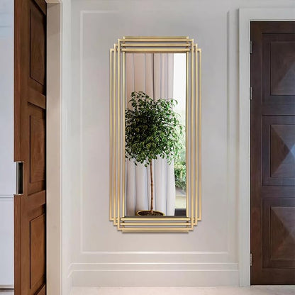 Gold Rectangle Mirror, 47"x22" Geometric Art Deco Mirror with Metal Frame, Modern Elegant Wall Mirrors for Living Room Bathroom Bedroom Entryway Hallway, Hangs Vertically or Horizontally