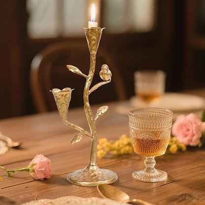 Gold Candelabra with Flowers and Bird for Farmhouse Decor, Vintage Metal Candlestick Holders for Dinner Room Table Centerpiece Decorative, Iron Candle Holder for Mantel Wedding Party Decor