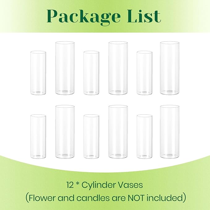 Hewory Glass Cylinder Vases for Centerpieces: 7“+6" Tall 12Pcs Clear Small Bud Vases for Flowers Wedding Party Table Decoration - Skinny Hurricane Candle Holders for Floating Candles