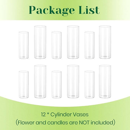Hewory Glass Cylinder Vases for Centerpieces: 7“+6" Tall 12Pcs Clear Small Bud Vases for Flowers Wedding Party Table Decoration - Skinny Hurricane Candle Holders for Floating Candles