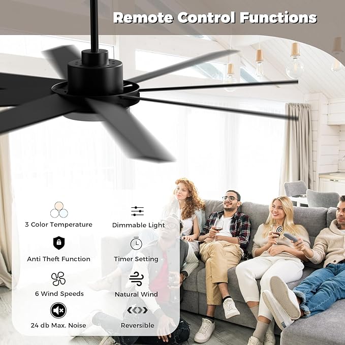 72 Inch Ceiling Fans with Lights and Remote Smart App, Indoor Black LED Big Ceiling Fan Reversible 24dB Quiet DC Motor, 6 Speed 3CCT Dimiable, Modern Ceiling Fans for LivingRoom Farmhouse Garage