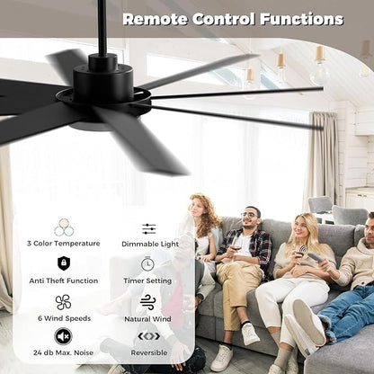 72 Inch Ceiling Fans with Lights and Remote Smart App, Indoor Black LED Big Ceiling Fan Reversible 24dB Quiet DC Motor, 6 Speed 3CCT Dimiable, Modern Ceiling Fans for LivingRoom Farmhouse Garage