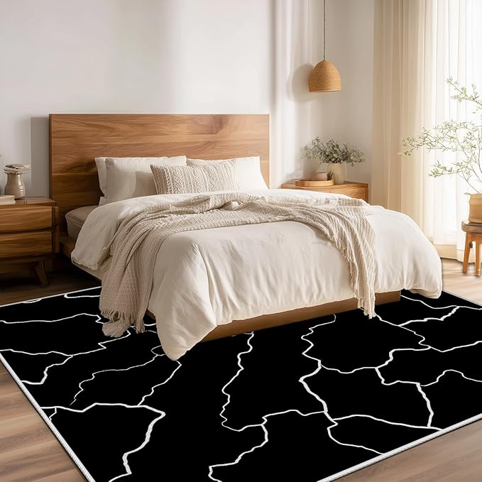 Abstract Rugs for Living Room - Modern Washable Area Rug, 6x9 Abstract Black and White Rug, Minimalist Rugs,Carpet Non Slip Home Decor