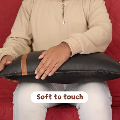 Genuine Lambskin Leather Pillow Cover, 22x30 Inch Case for Lumbar Throw Couch Pillows, Thick & Soft Cushion Covers for Sofa Bed Home Decor (Black & Tan Box Pack of 1)