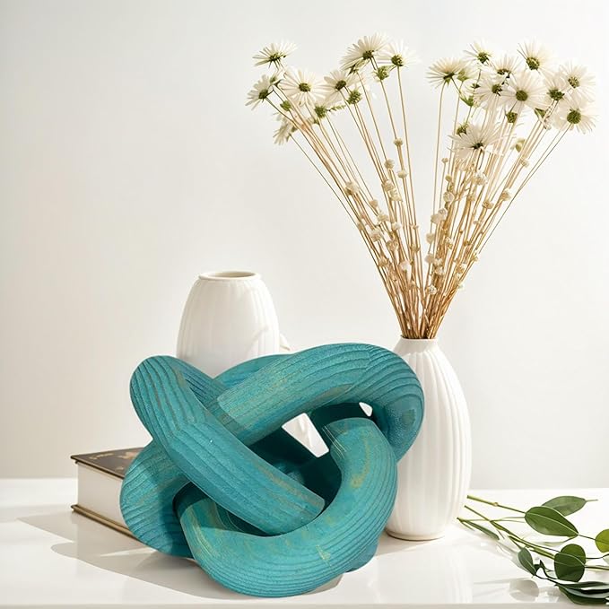 Wood Knot Decor -Coffee Table Decor Shelf Decor Table Books Hand Carved Home Decoration Boho Country Rustic Modern Shabby Chic Style 3 Link Wooden Knot Chain Link Decor (Blue)