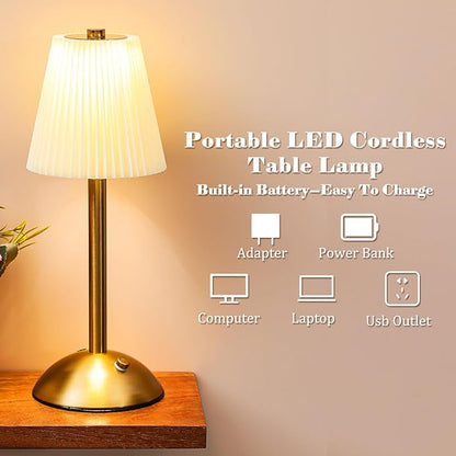 Liliful 2 Pcs Cordless Table Lamp Rechargeable Touch LED Small Gold Portable Battery Operated USB-c Desk Lamp 3 Color Dimmable for Bedroom Living Room Dining (Gold,Beige Cloth Style)