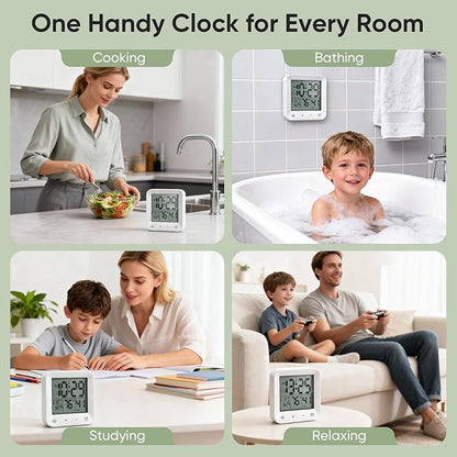 Bathroom Clock Waterproof Shower Timer, Digital Wall Clock with Countdown, Touch Screen, LCD Display, Temperature, Suction Cup/Hanging Hole/Stand, Spa Sauna, Kids and Adults I White