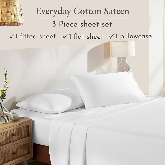 California Design Den Twin Sheets Set - Natural 100% Cotton Sheets with Deep Pockets, Soft Sateen Weave, Breathable and Durable Bedding Set for Dorm Rooms, College (White)