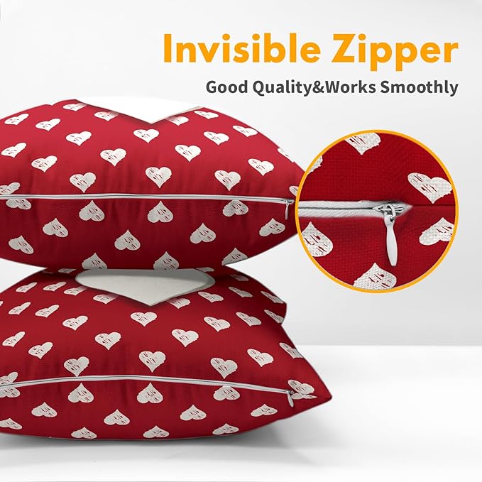Valentines Day Pillow Covers 20x20 Set of 2 White Red Heart Throw Pillow Covers Love Pillowcase Linen Decoration Farmhouse Holiday Cozy Soft Cushion Case Couch for Indoor Outdoor Home Decor