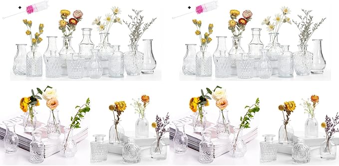 Glass Bud Vase Set of 44 Bud Vases in Bulk with 2 Brushes, Glass Vases for Centerpieces Cute, Vintage Wedding Decor Clear Bulk Mini Vase for Rustic Wedding Decorations, Home Table Flower Decor