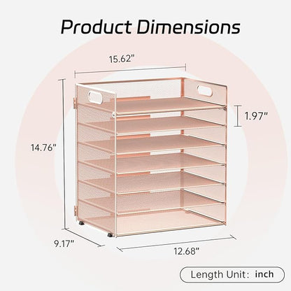 7 Tier Paper Organizer - Mesh Desktop File Holder with Handles for Office School Desk (Rose Gold)