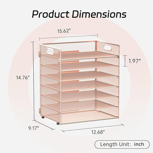 7 Tier Paper Organizer - Mesh Desktop File Holder with Handles for Office School Desk (Rose Gold)