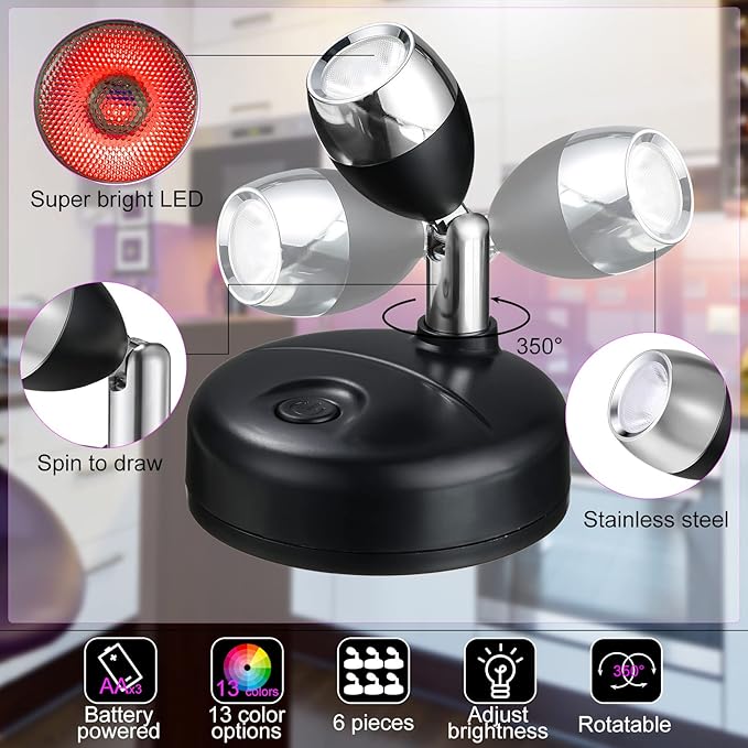 Tuanse 12 Pcs Battery Operated Spotlights Indoor LED Spot Display Lights Battery Powered Uplights 13 Colors Dimmable Mini Accent Lighting for Art Pictures Painting Closet(Black)