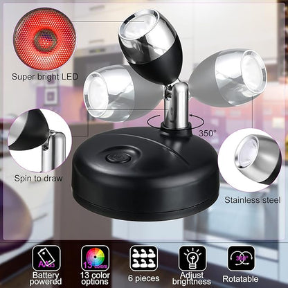 Tuanse 12 Pcs Battery Operated Spotlights Indoor LED Spot Display Lights Battery Powered Uplights 13 Colors Dimmable Mini Accent Lighting for Art Pictures Painting Closet(Black)
