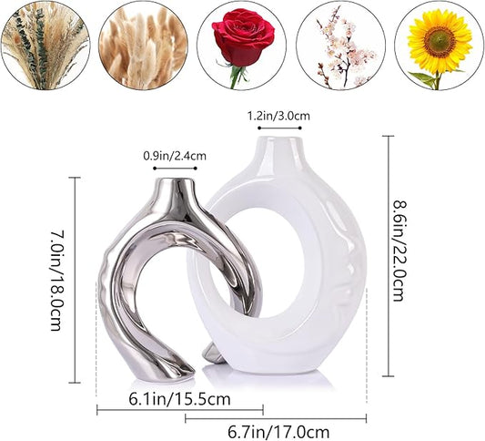 LCCCK White and Silver Ceramic Vases for Home Decor, Boho Vase for Flowers Pampas Grass Decorative, White Silver Hollow Donut Small Vase for Living Room Table Wedding Centerpiece Modern Vases
