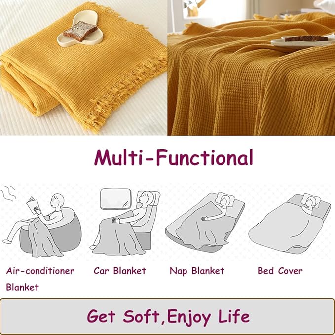 100% Cotton 4-Layer Muslin Blanket with Fringes, 50"x60", Mustard Yellow Throw Blanket, Ultra-Soft Gauze Blanket, Boho Bedding for All Seasons, Breathable for Couch, Bed(Mustard Yellow,Throw)