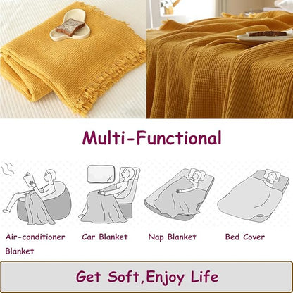100% Cotton 4-Layer Muslin Blanket with Fringes, 50"x60", Mustard Yellow Throw Blanket, Ultra-Soft Gauze Blanket, Boho Bedding for All Seasons, Breathable for Couch, Bed(Mustard Yellow,Throw)