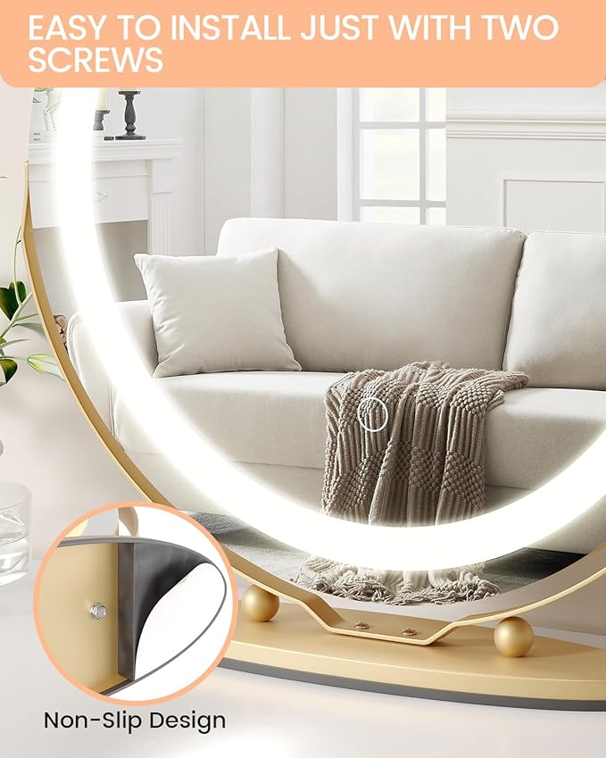 Vanity Mirror with Led Lights, 19 Inches Touch Control 3 Color 2024 New Dimmable Makeup Mirror, 360°Rotation Round Desk Mirror, Easy to Assemble (Gold)