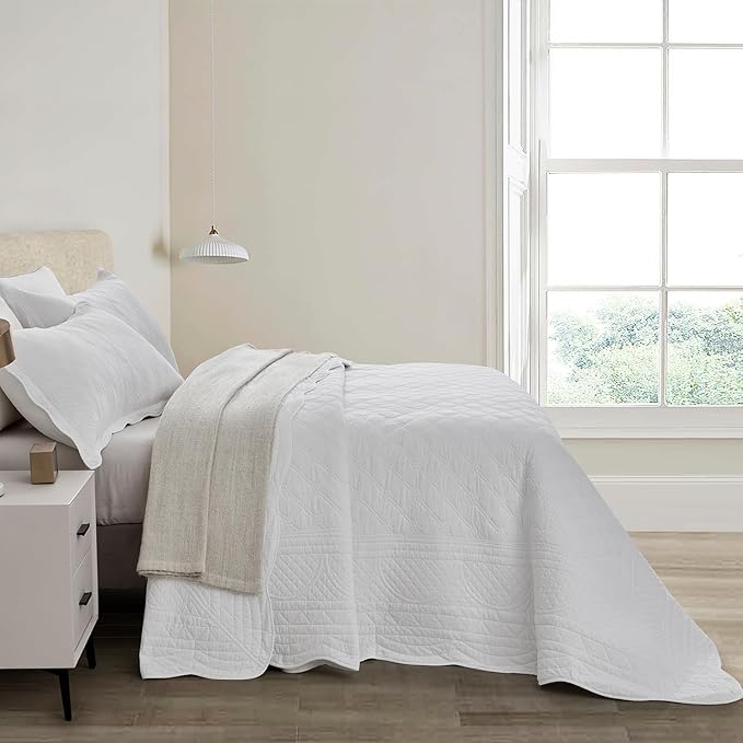 CHIXIN Oversized Cotton Bedspread King Size - Real Stitching - Luxury Quilted Bedding Cover for All Season, Reversible, Ultra Soft, Lightweight, 3 Piece, Pure White