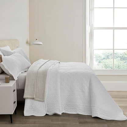 CHIXIN Oversized Cotton Bedspread Queen Size - Real Stitching - Luxury Quilted Bedding Cover for All Season, Reversible, Ultra Soft, Lightweight, 3 Piece, Pure White