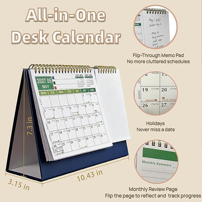 Desk Calendar Jan 2026 - Dec 2028, 10.43" x 7.3" Standing Flip 3-Year Desktop Calendar Monday Start with Memo Pad Golden Wire-Binding, Holiday Markings & 2 Sticker Sheets