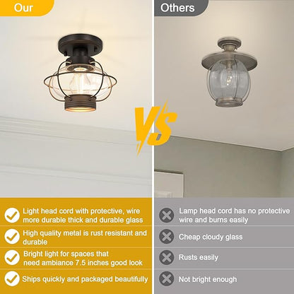 Kalium Porch Ceiling Light Fixture, Outdoor Flush Mount Ceiling Light with Glass Globe Shade, E26 Standard Base Industrial Farmhouse Lamp for Hallway Bedroom Balcony Porch Stairway