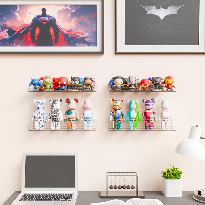Yieach 8 Pack 15" Acrylic Shelves for Wall,Bathroom,Bedroom - with Adhesive - No Drilling Clear Floating Shelves for Funko Pop,Lego,Action Figures,Nail Polish,Perfume Shelf and Wall Storage & Display