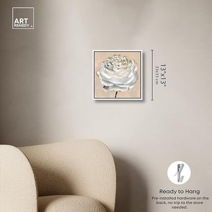 Art Remedy Beige Ranunculus Canvas Elegant White Gold Wall Art, White Frame, 12" x 12"