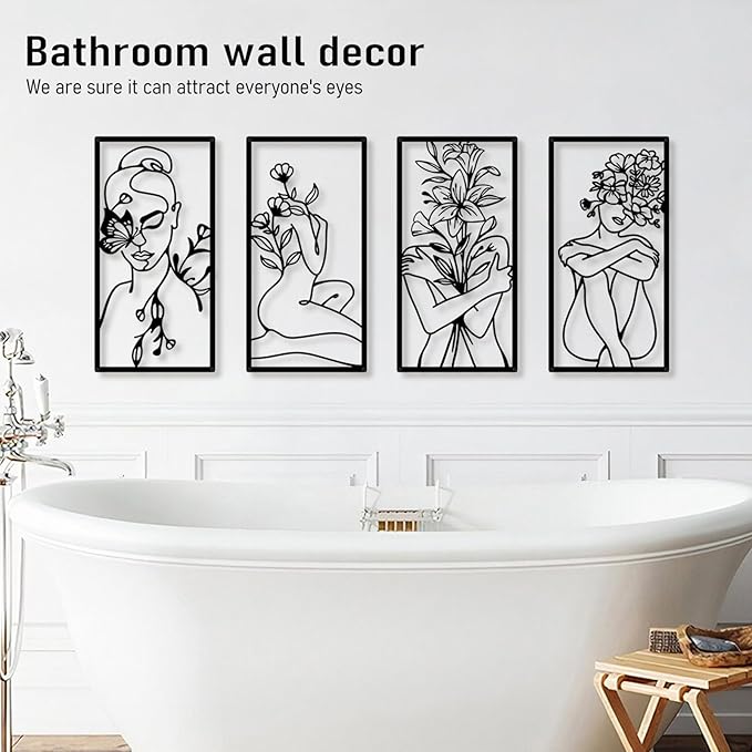 Bakovity Black Metal Wall Art, Abstract Woman Wall Decor, Minimalist Flower Line Decor, Modern Aesthetic Metal Wall Art for Bedroom Bathroom Living Room (4 Pcs, 17 x 9 in)