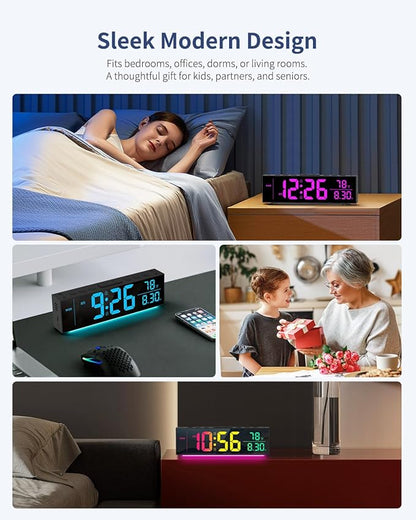 Digital Clock, Alarm Clock for Bedroom, Digital Wall Clocks for Classroom, Living Room Decor, Desk Clock Large Display, 13 Number Display Colors, 12 Ambient Light Colors, Auto Dimming, DST (Black)