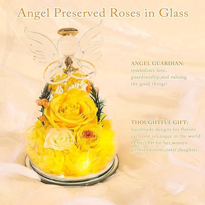 Gifts for Women Preserved Rose Forever Flower in Glass Angel Figurines Fresh Flowers for Delivery Prime Mothers Day Birthday Gifts for Mom Real Yellow Roses for Grandma Sister Wife Her from Daughter