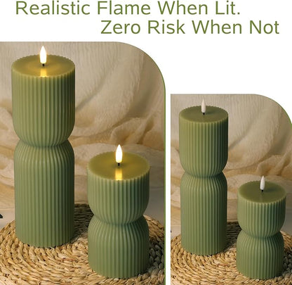 Olive Green Ribbed Flameless Pillar Candles with Remote, LED Candles Battery Operated Flickering Real Wax Set of 2
