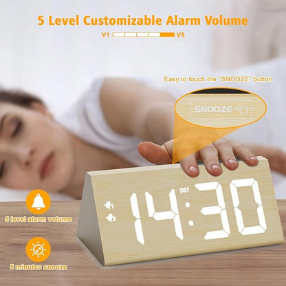 Wooden Digital Alarm Clock with Dual USB Charging Ports, DST, Dimmable, Snooze, Modern Large Time Display LED Clock for Kids Bedrooms, Living Room, Desk, Table, Bedside, Nightstand (Bamboo)