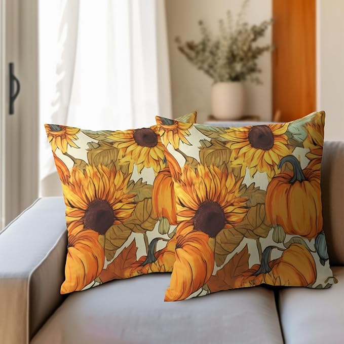 Pumpkin Fall Pillow Covers 18x18 Set of 2 Burnt Orange Autumn Thanksgiving Pillow Cases Sunflower Pattern Outdoor Decorative Holiday Cushion Cover Rustic Decoration Farmhouse Home Sofa Couch Bed Decor