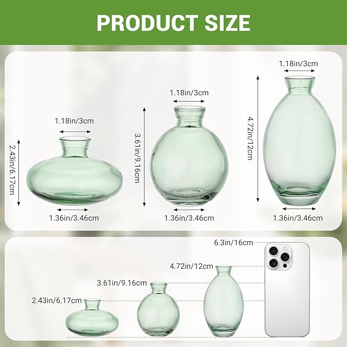 Suream Green Small Flower Vase, Set of 3 Cute Vase for Minimalist Decor, Glass Bud Vases for Home Table Flower Decoration