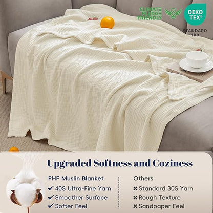 PHF 100% Cotton Muslin Throw Blanket 50" x 60", 4-Layer Lightweight Gauze Throw, Breathable Cloud-Soft Minimalist Blanket for Bed, Couch, Camping & Baby, Birch, Ideal Gift
