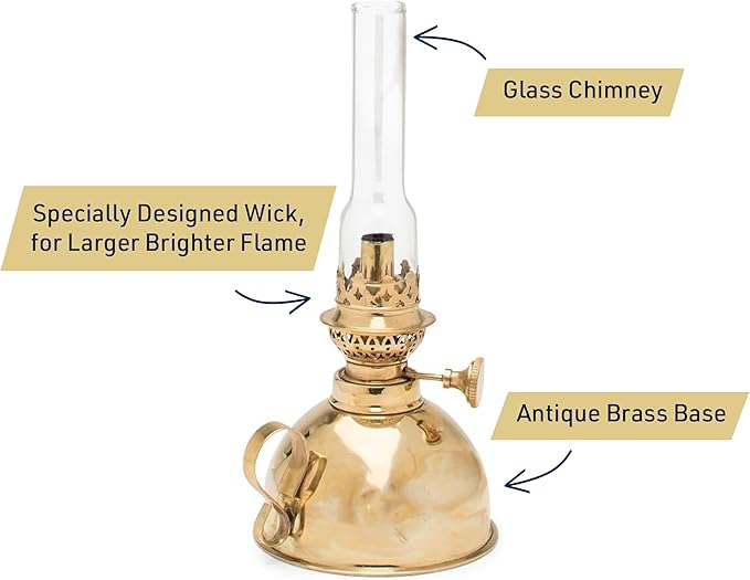 Kings County Tools Small Antique-Style Extra-Bright Oil Lamp | Brass Body with Glass Chimney | 4" Wide by 9" High