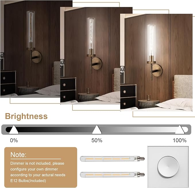 Bronze Wall Sconces with White Light, 19.48'' Brushed Brass Knurled Bathroom Sconces Wall Lighting Vanity Light with Clear Glass, Indoor Wall Mount Light for Living Room Mirror Bedroom Stairs