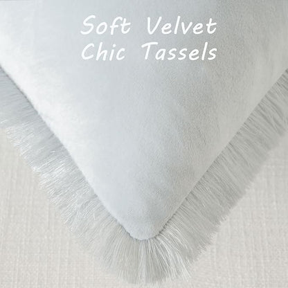 FUTEI Light Blue Velvet Decorative Throw Pillow Covers 20x20 Set of 2,Soft Cozy Edge with Tassels Cushion Case,Boho Modern Home Decor for Couch Bed Living Room