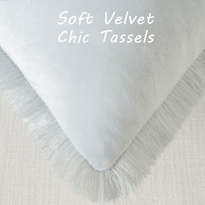 FUTEI Light Blue Velvet Decorative Throw Pillow Covers 16x16 Set of 2,Soft Cozy Edge with Tassels Cushion Case,Boho Modern Home Decor for Couch Bed Living Room