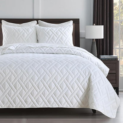 HORIMOTE HOME Quilt Set King Size White, Classic Geometric Diamond Stitched Pattern, Ultra Soft Microfiber Lightweight Bedding Set Bedspread Coverlet for All Season (1 Quilt and 2 Pillow Shams)