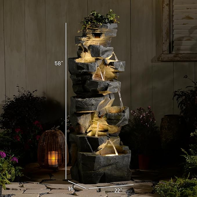 58" H Outdoor Water Fountain with 7 Tiers New Upgraded Large Cascading Realistic Rock Waterfall Fountains with Lights Outdoor Water Fountain for Garden Patio Backyard Porch Home Decor