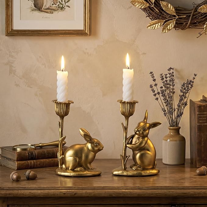 Havawish 2 Pcs Easter Bunny Taper Candle Holder Vintage Gold Bunny Decorations Rustic Candlesticks Pedestal Rabbit Centerpieces Decor for Easter Home Mantle Table