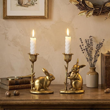 Havawish 2 Pcs Easter Bunny Taper Candle Holder Vintage Gold Bunny Decorations Rustic Candlesticks Pedestal Rabbit Centerpieces Decor for Easter Home Mantle Table