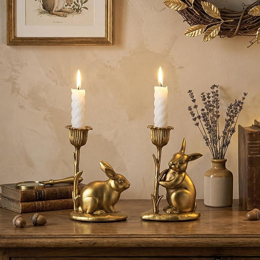 Havawish 2 Pcs Easter Bunny Taper Candle Holder Vintage Gold Bunny Decorations Rustic Candlesticks Pedestal Rabbit Centerpieces Decor for Easter Home Mantle Table