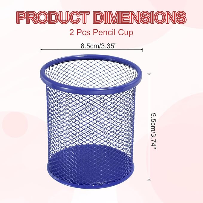 uxcell 2Pcs Mesh Pencil Holder, Metal Pen Cup Desk Organizer Makeup Brush Cup Holder for Home, Office, Classroom(Blue)