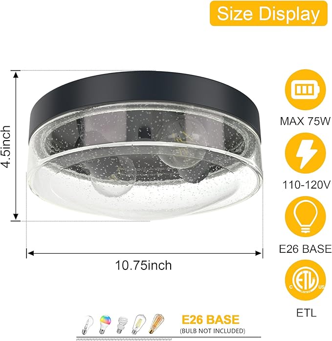 Flush Mount Ceiling Light Fixtures, 2-Light Farmhouse Light Fixtures Ceiling Mount with Seeded Glass Lampshade, Industrial Flush Mount Light Fixture Farmhouse for Hallway, Kitchen, Entryway and Foyer