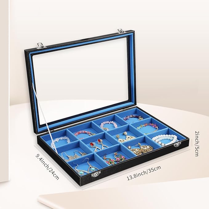 Stratalife Jewelry Organizer Bracelet Earring Holder Organizer Jewelry Drawer Storage Anti Tarnish Bangle Ring Holder Box for Women 12 Grid (Blue Black)