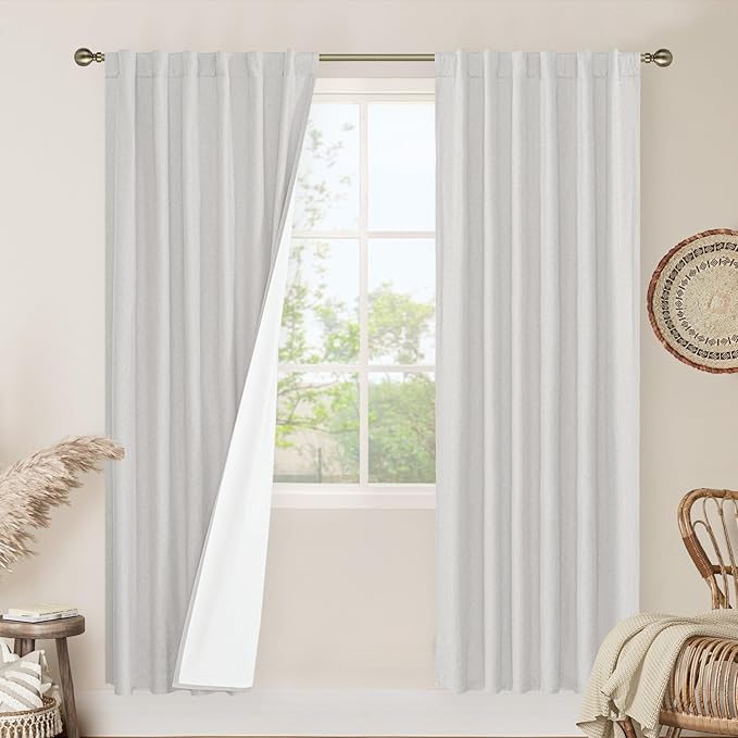 LAMIT 100% Blackout Natural Linen Curtains, 78 Inches Linen Textured Thermal Bedroom Curtains Back Tab and Rod Pocket Neutral Panels with White Liner for Farmhouse, 2 Panels, 52 x 78 Inch, Light Grey
